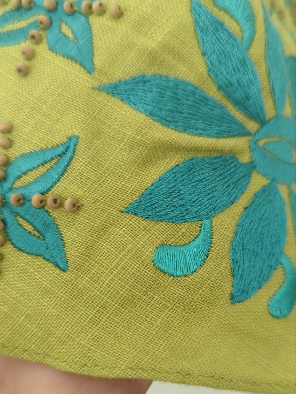 Y2K Sue Wong Linen Spaghetti Strap Dress with Floral Embroidery & Wood Beads - Picture 14 of 17
